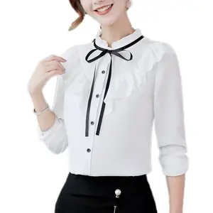 Rebeca informal con botones y lazo para mujer, blusa elegante de oficina con cuello levantado, 3 colores