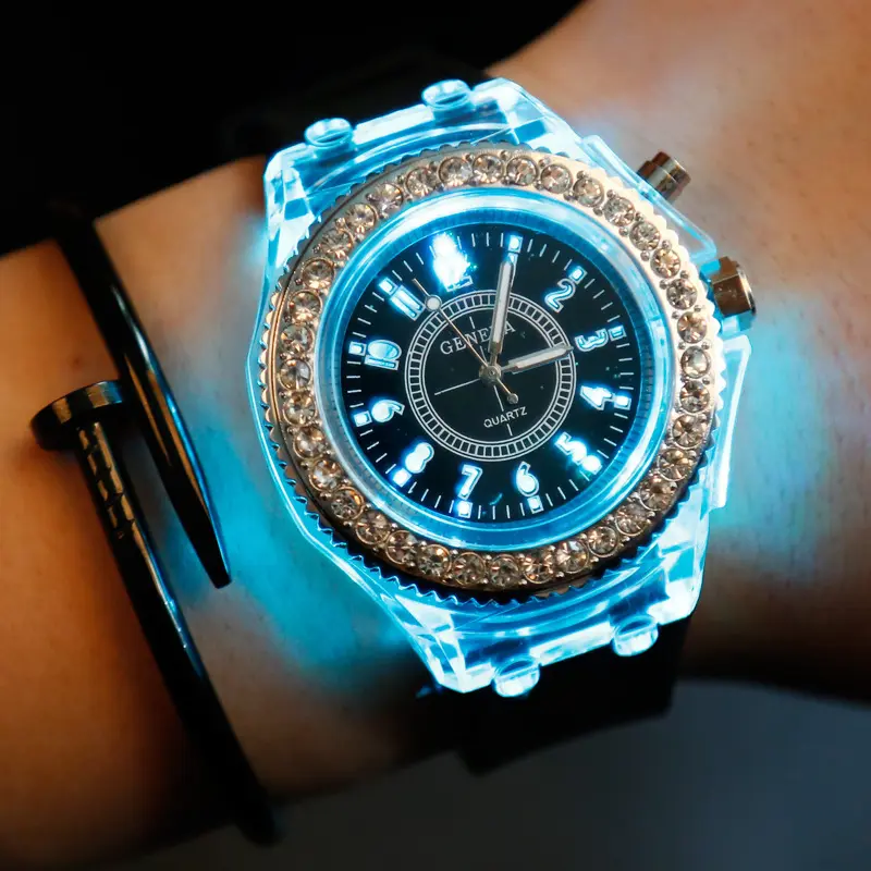 Venta caliente de las señoras de las mujeres de moda de la muñeca relojes deportes luminoso Led correa de silicona de cuarzo de los hombres época reloj de ginebra