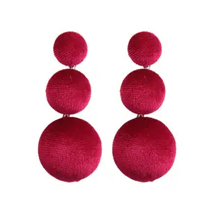 2017 Winter Latest Design TripleWomen Earrings Wine Red Black Color Velvet Round Pom Pom Earrings