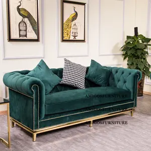 Sofá comercial de veludo tufado azul marinho para sala de estar, design europeu, verde