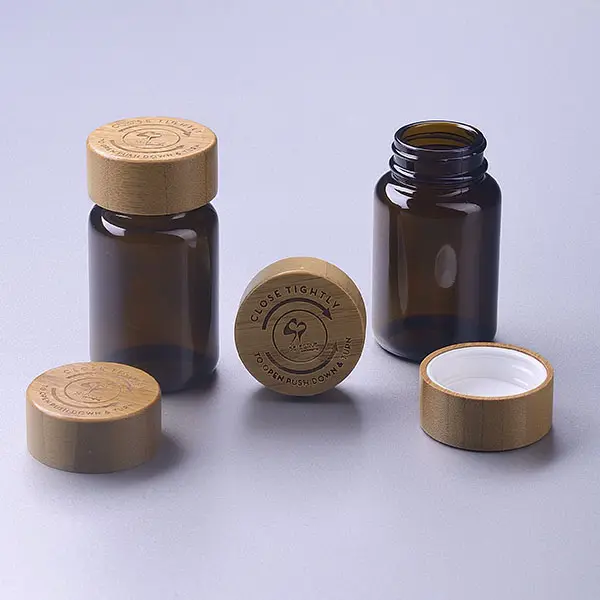 Recipiente à prova de cheiro 100ml, recipiente para cápsula de hdpe de vidro com tampa resistente para crianças e bambu