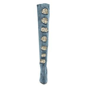 Fabrika Fiyat Yüksek Kalite Ripped Jeans Diz Çizmeler Sivri Burun Yüksek Topuk Kadın Çizmeler 2018 - Product Image 2