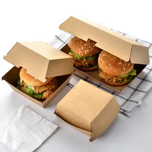 Logotipo personalizado food grade descartável fast food embalagem kraft papel hamburger clamshell burger box atacado