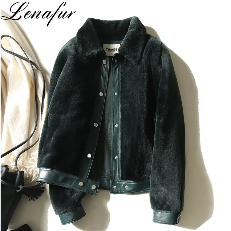 Young Girl Fashion Black Beige Dark Green Lamb Fur Leather Shearling Jacket