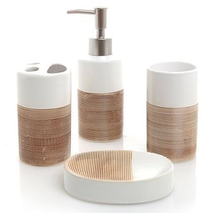 Ensemble de salle de bain en céramique blanc et <span class=keywords><strong>beige</strong></span> 4 pièces avec distributeur de savon, porte-brosse à dents, gobelet et porte-savon - Product Image 1
