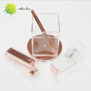 HUISEN Wholesale New Design Clear Stapler Office Supply Stationery Set Acrylic Rose Gold Stationery