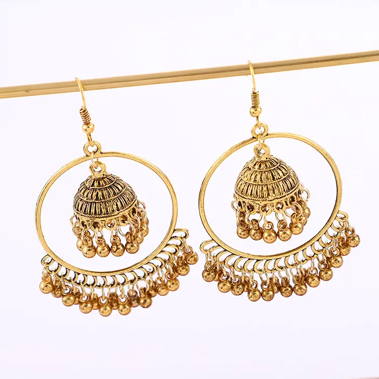 Boucles d'oreilles rondes en métal avec pendentif perlé, pour femmes, bijoux rétro, ethnique indienne, Long cercle, Style Jhumka, vente en gros