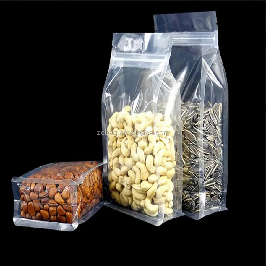 PE Klar Transparent Kunststoff Boxpouch Standing Up Zipper Lock Quad Acht Seite Seal Gusseted 4 unzen Flachen Boden Snack Verpackung taschen