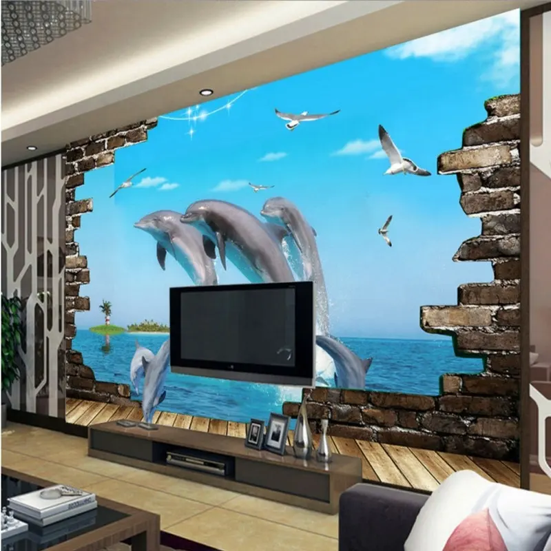 วอลล์เปเปอร์ยุโรป Dolphin Sea World 3D Stereoliving ภาพจิตรกรรมฝาผนังวอลล์เปเปอร์ Home Metallic วอลล์เปเปอร์