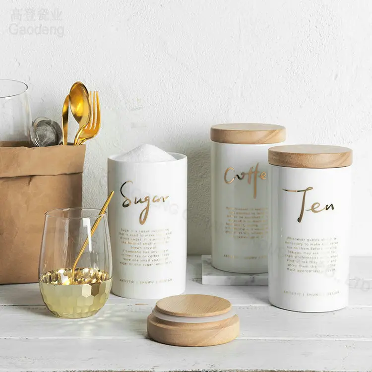 Bote de cerámica blanca Lisa para almacenamiento de café y té con tapa de bambú y anillo de silicona hermético