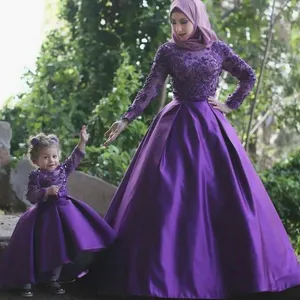 Gaun Pengantin Arab Ungu Muslim, Gaun Malam Ibu dan Anak Lengan Panjang Pengantin India