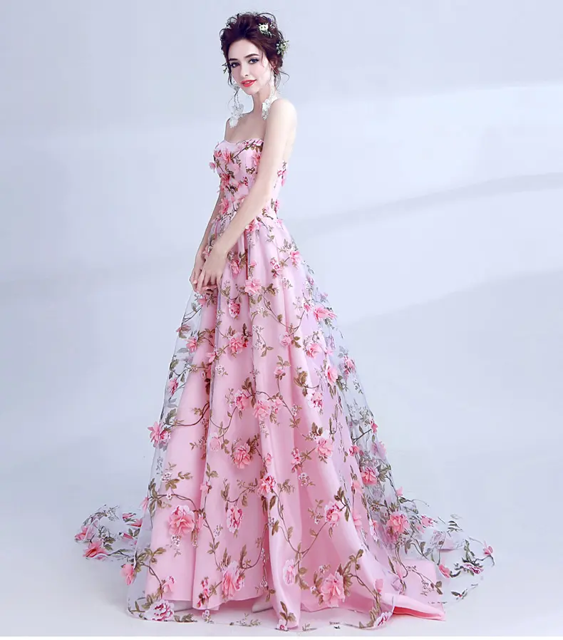 2022 High Quality Pink Playful Sexy Sleeveless Floor Length Flower Long Dress Female Banquet Party Evening Dress