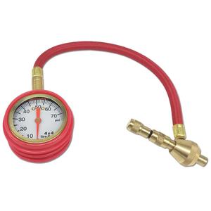 Dial tire air pressure gauge with a rubber hose and heavy duty brass chuck with rapid deflate function