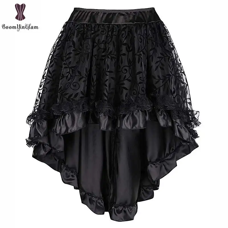 Steampunk Corset Rok Satin Lace Overlay Gothic Asymmetrische Solid Koffie Zwarte Rokken