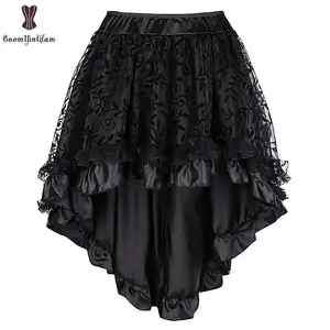 蒸汽朋克紧身胸衣裙缎面蕾丝覆盖哥特式不对称固体咖啡黑裙