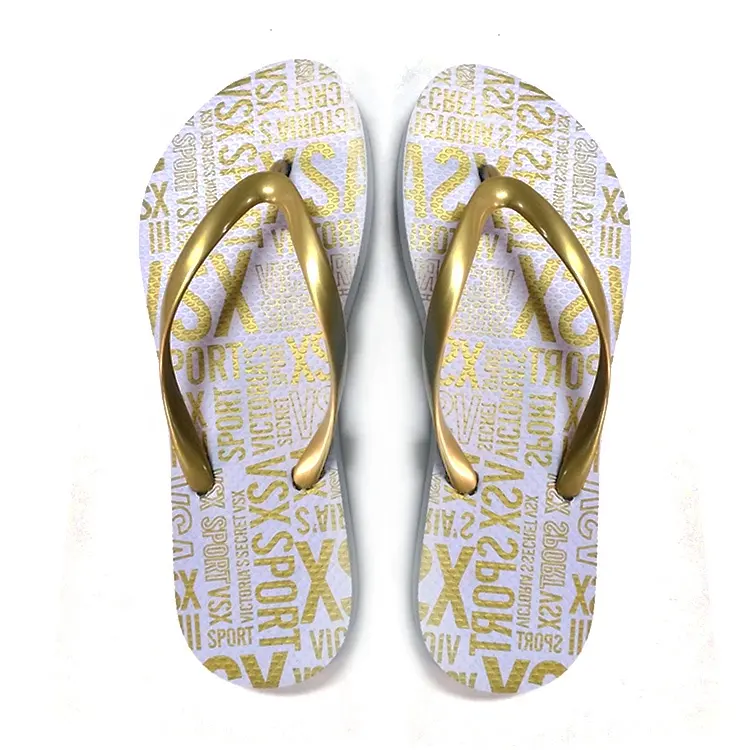 custom sublimation pvc slipper wedding flipflops women print white flip flop for wedding guest with golden strap