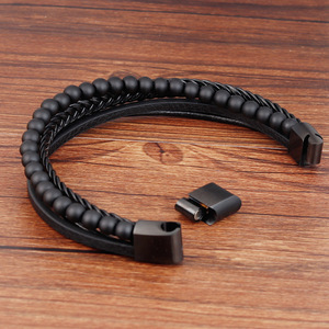 Pulsera de cuero negra con cuentas de meteorito natural para hombre, superventas, 2019 para <span class=keywords><strong>Amazon</strong></span> - Product Image 4