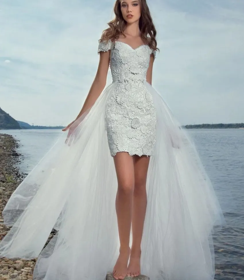 Новинка, стильные короткие белые кружевные свадебные платья с аппликацией, предложение, съемная юбка на плечо с длинным шлейфом, свадебные платья 2020
