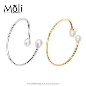 Gold Silver Color Plated Brass Classic Simple Design Two Pearls Style Open Bangle Freshwater Pearl Bangle