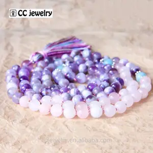 Аметистовый узлом mala beads шелковая кисточка ручное плетение 108 mala ожерелье из розового кварца mala