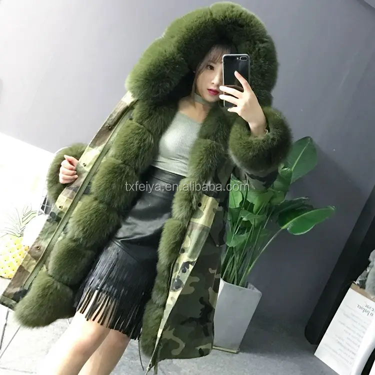 Women Winter fashion warm coat Army green camouflage uniform real fox fur parka