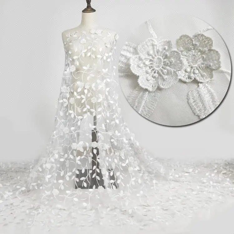 Venta directa de fábrica, tela de encaje de flores 3D de novia blanca Africana bordada por todas partes para vestido de novia, ropa de mujer