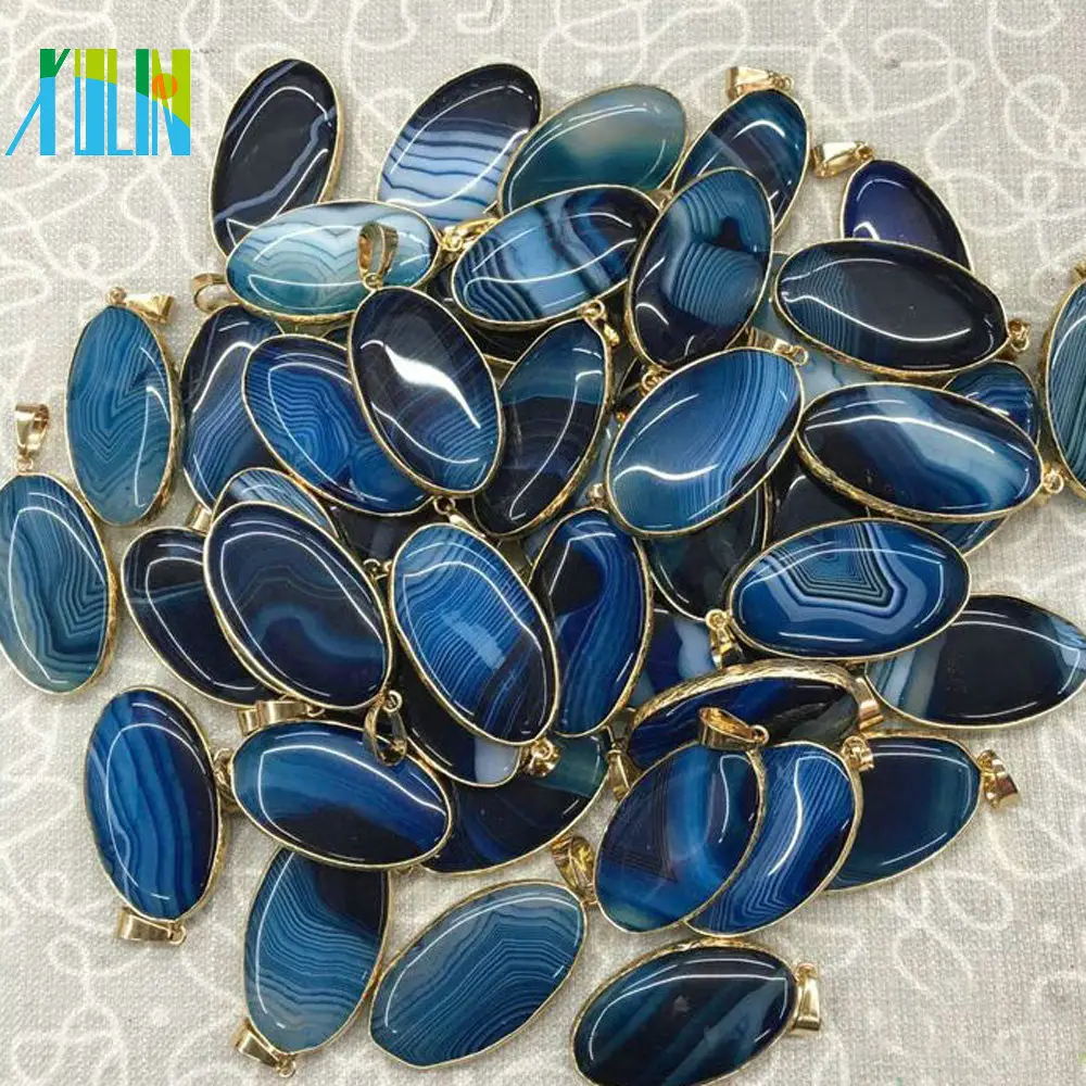 Dark Blue Oval Faced Agate Slab Pendant Jewelry Druzy Geode Gem Stone Bead
