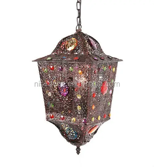 Vendita calda lampada marocchina lanterna lampada indiana NS-124001 intarsiato lampada a sospensione in metallo colorato lampadina a incandescenza o lampadina a LED ferro Ns