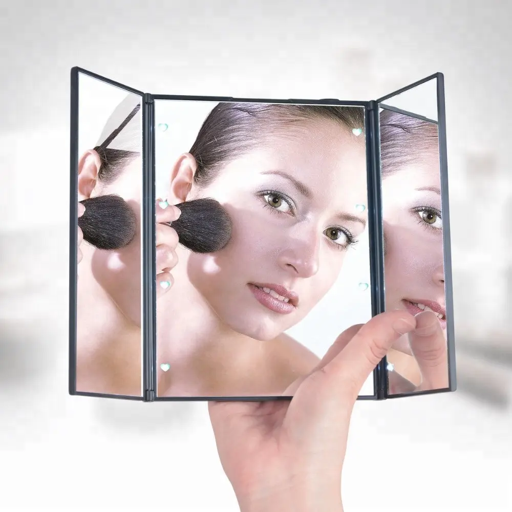 Tri-Folding cordless cosmetic mini led hand mirror