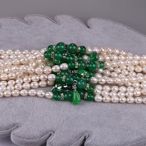 Natural 8-9mm White Color Round Freshwater Loose Pearls with Different Shaped Green Agate for Necklace Making