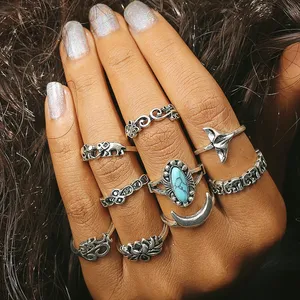 Elegante 9 Stuk Pack Europese Populaire Vrouwen Legering Ring Set Goedkope Verschillende Ontwerp Turquoise Vinger Ringen Set
