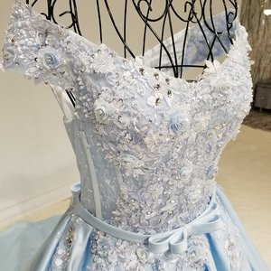 LS64111 fuera del hombro apliques elegantes vestidos con cinturón de encaje hasta satén azul claro prom vestidos de noche 2017 - Product Image 2