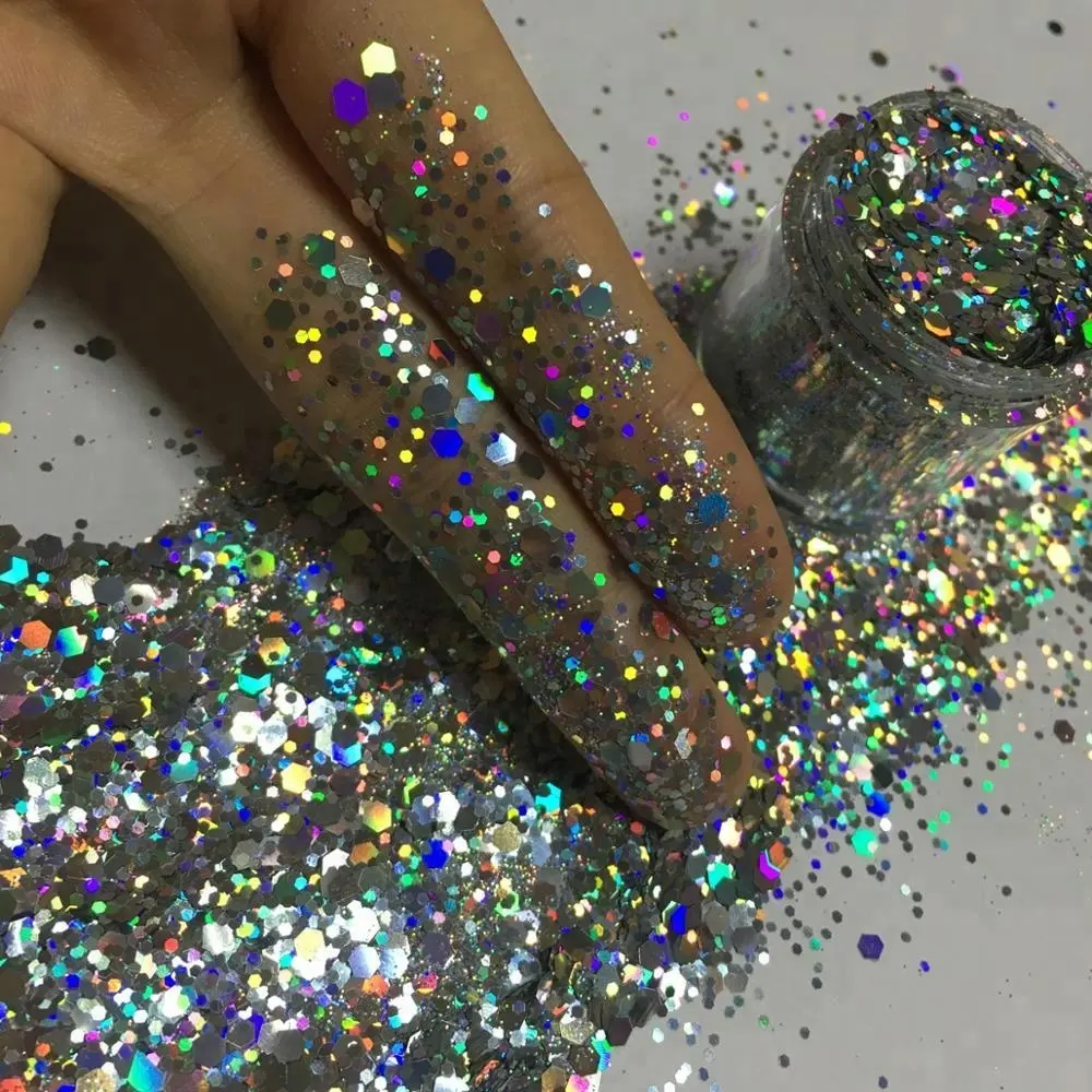 All'ingrosso all'ingrosso olografico argento glitter polvere, glitter poliestere, PET craft chunky ologramma glitter paillettes per natale