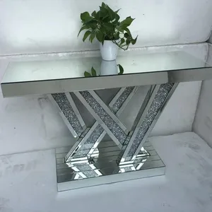 New design sparkle diamond crushed W shape mirrored console table with light