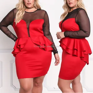 Plus Size Plunge Mesh Peplum Long Sleeve Bodycon Dress For Fat Women Clothing HSd5049