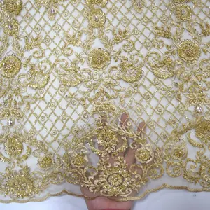 golden wedding lace fabric heavy handmade beaded lace with pearls crystal tulle fabric HY0937-2