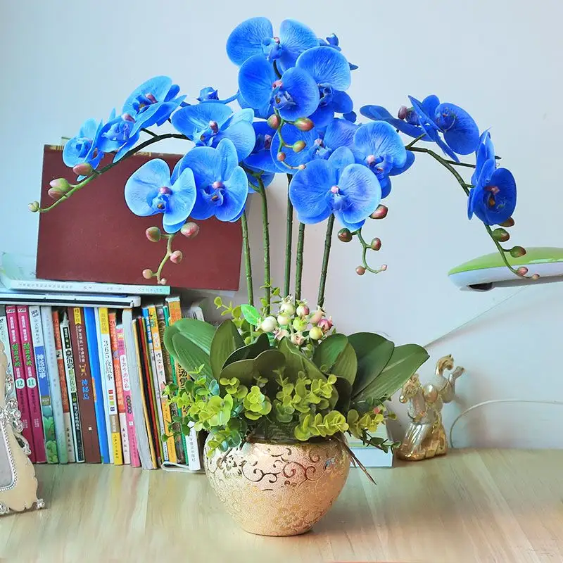 Flores de orquídea, plantas artificiais azuis de alta qualidade de pu, flores de orquídea em vaso, vanda, orquídea para decoração interna