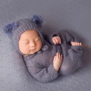 Newborn knit mohair chapéu e romper conjunto tema cobertor adereços fotografia de Recém-nascidos Do Bebê macio estiramento conjunto completo