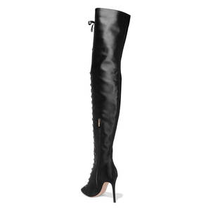 Bottes en satin à lacets pour femme, cuissardes noires, à talons hauts, entrejambe et cuisse - Product Image 3