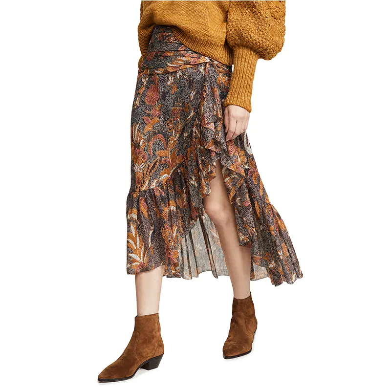 Sweet Crepe Chiffon Floral Print Asymmetrical Flounce Hem Ruffled Skirt Women Daily Wear Girl