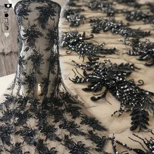 New style heavy beaded white & black fancy embroidered lace fabric for Wedding /Evening dress