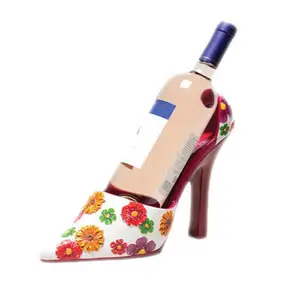 OEM home desktop decoration unique fashional flower resin high heel Shoe Wine Bottle Holder