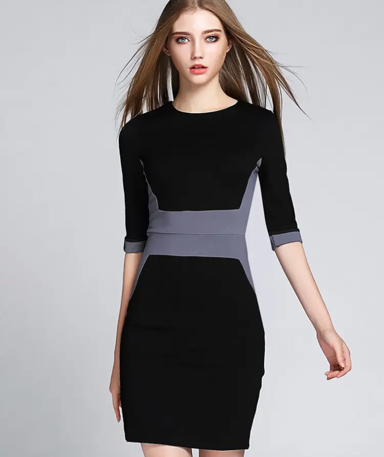 Ladies latest dress with knitted color patchwork half sleeves slimming dress