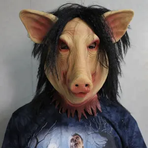 2018 动物道具乳胶派对中性吓人猪头面具乳胶橡胶可怕与黑发令人毛骨悚然的万圣节面具
