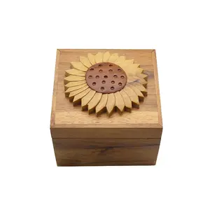 eco-friendly natural sunflower carved wooden stash box