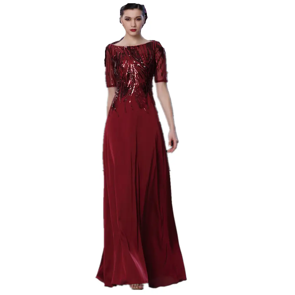 wholesale sexy women round Neck sleeves party prom long evening dress A-line Sleeves Women Formal sequin lace Party Prom Dress