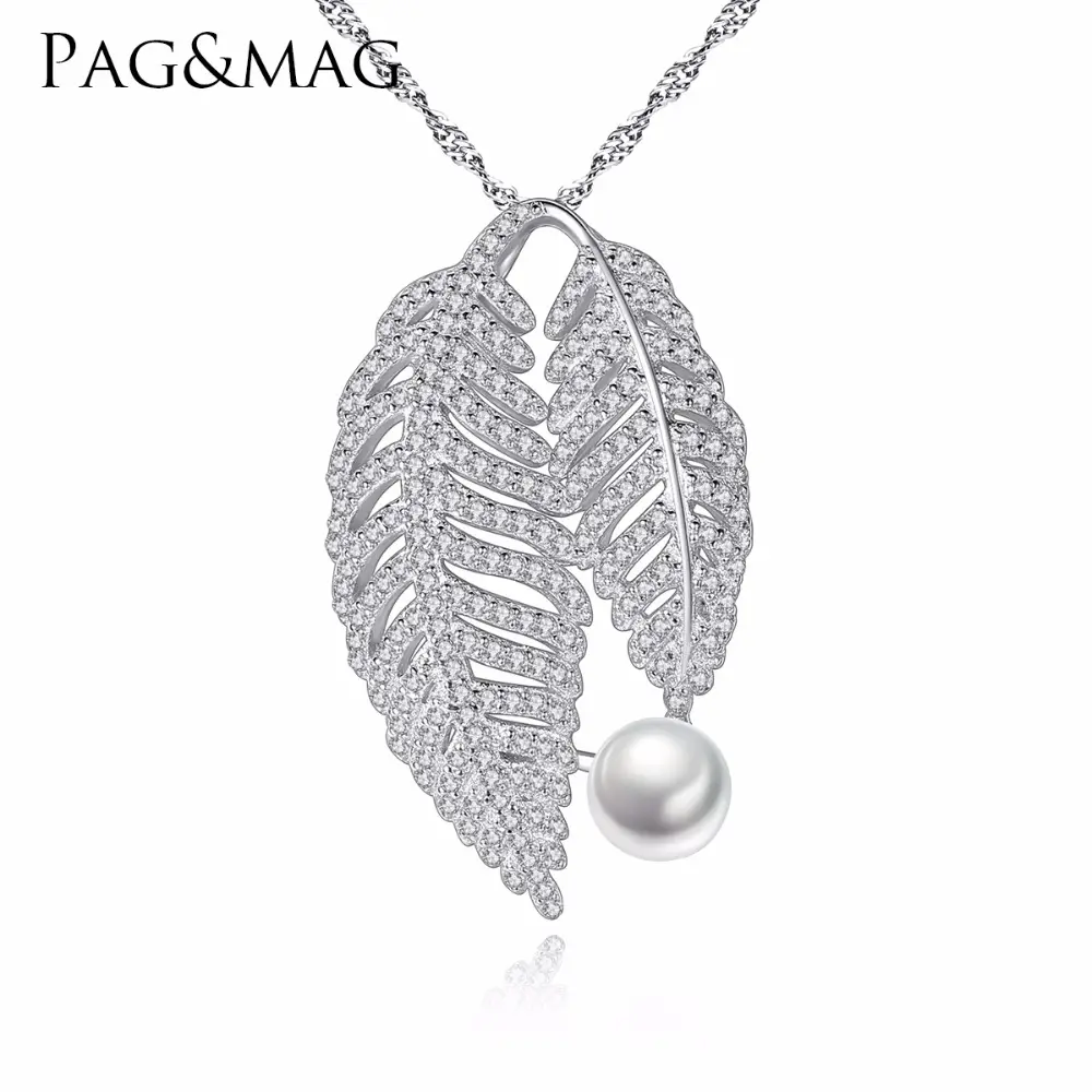 PAG & MAG-joyería barata para mujer, collar de doble hoja pavimentada de CZ transparente con perlas naturales, joyería para mujer, regalo de boda