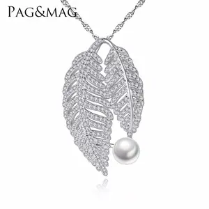 PAG & MAG新款时尚廉价珠宝双叶铺装透明锆石天然珍珠珠宝项链女性结婚礼物