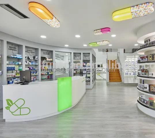 Negozio di farmacia unico decorazione di interni di design con LED illuminato di visualizzazione di legno mobili