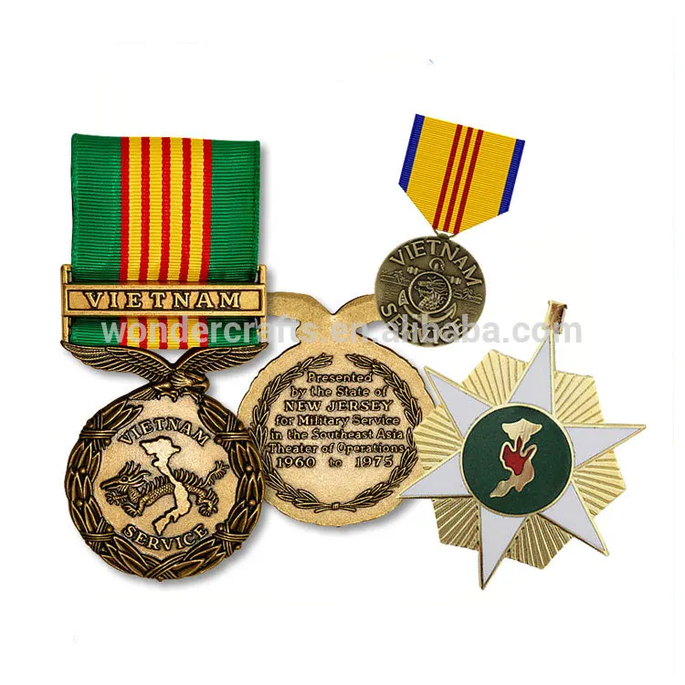 Estilo militar, fundición por gravedad, esmalte duro, chapado en oro antiguo, bronce, servicio de vietnam, medallas y cinta de campaña de guerra